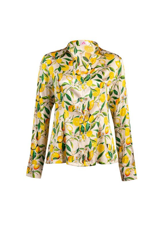 stylish yellow silk blouse Limonella lemon pattern - PassionForColors